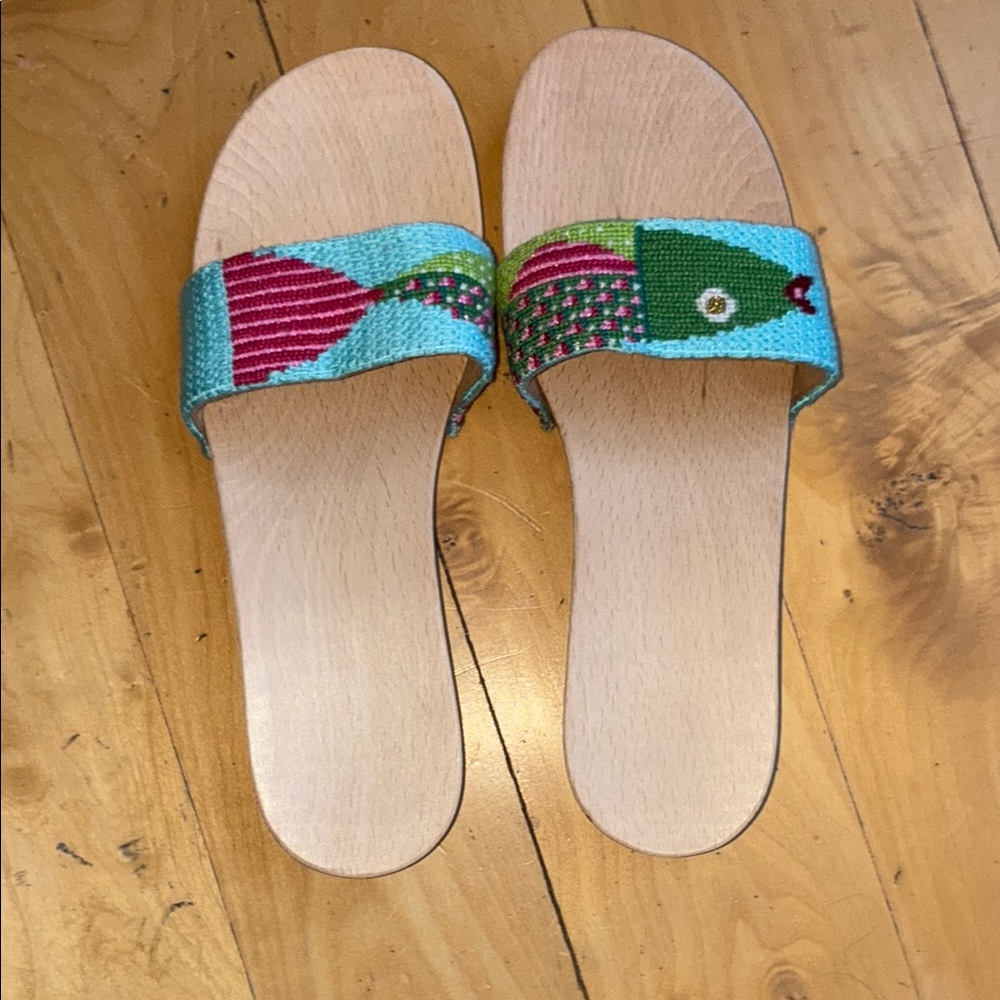 Blue and Green Minimalist Fish Slide Sandals wood